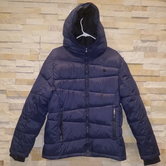 Spyder Mens Small Blue Black Winter Puffer Puff Jacket Coat Hood Hooded Spider S